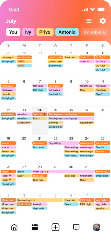 The shared calendar in Howbout showing a full month of plans. Add your work, classes, shifts and birthdays, and share it with the people you choose.
